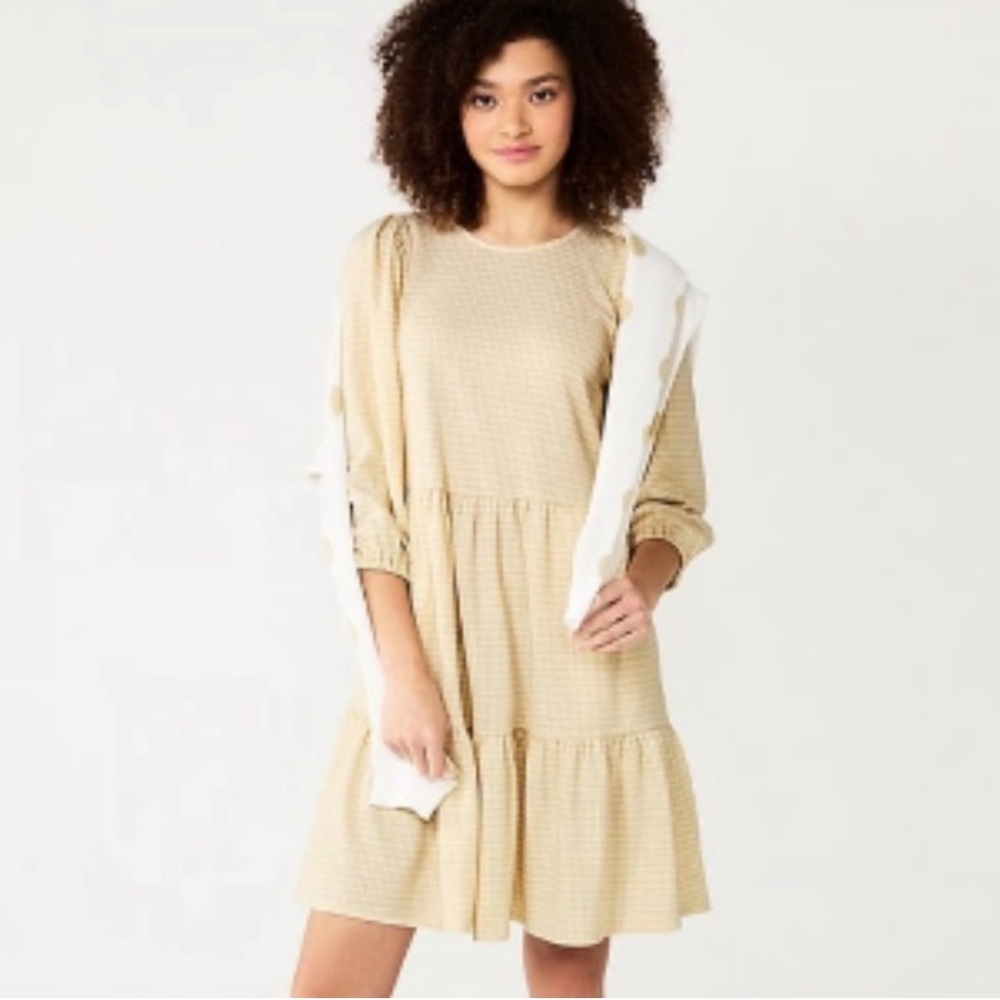 Draper James RSVP metallic gold houndstooth puff sleeves tiered dress
